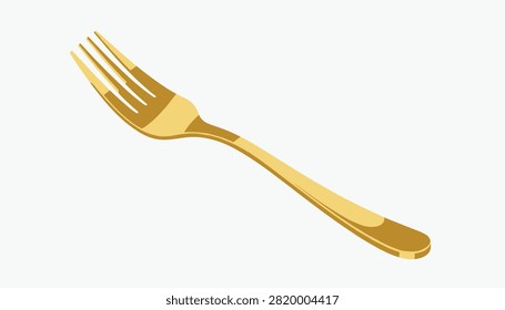 Elegant golden dinner fork shines brightly in a simple isometric view against a clean off-white background.