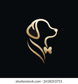 Elegant golden dog silhouette logo featuring a bow tie, set against a black background, with smooth, flowing lines creating a sophisticated and luxurious design.