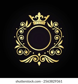 Elegant golden emblem with a crown and intricate swirls forming a luxurious circular frame design  
