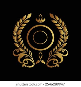 Elegante emblema de oro con corona y corona de laurel sobre fondo azul oscuro