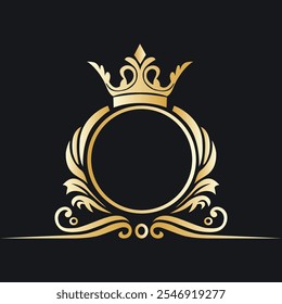 Elegante emblema de oro con corona y corona de laurel sobre fondo azul oscuro