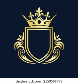 Elegante emblema de oro con corona y corona de laurel sobre fondo azul oscuro