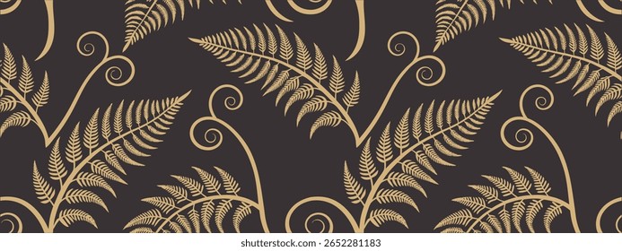 Elegant golden fern leaf seamless pattern on dark background, perfect for luxury wallpaper, botanical fabric, nature-inspired wrapping, exotic decorative surface, and premium textile design.
