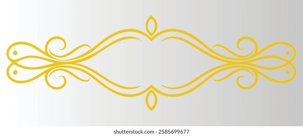 Elegant golden filigree, ornate symmetrical design, delicate scrollwork, vintage decorative element, horizontal flourish, yellow gold line art, white background.