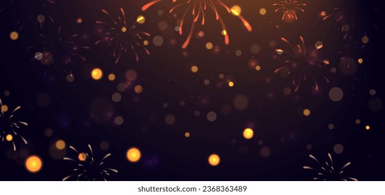 Elegant golden firework glowing with lighting effect sparkle and bokeh on dark background. Celebration grand openning party happy concept. Vector illustration