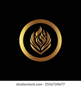 Elegant golden flame emblem with circular frame on a black background ideal for luxury branding or decorative design