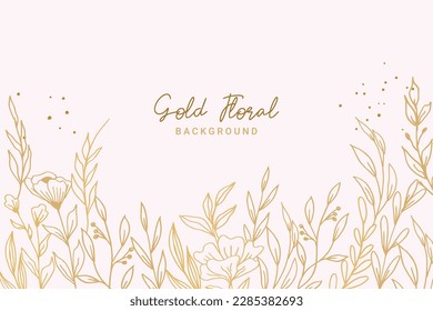 Elegant golden floral background with hand drawn flowers and leaves illustration decoration