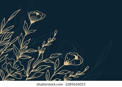 Elegant golden floral background with hand drawn flowers and leaves illustration decoration on dark blue