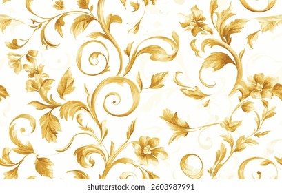Elegant Golden Floral Baroque Pattern  Ornate Vintage Decorative Design on Light Background.