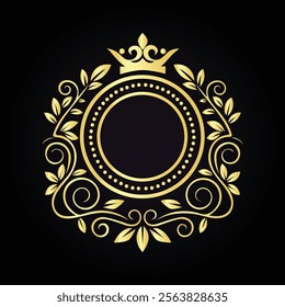 Elegant golden floral emblem design with a royal crown and intricate circular border  
