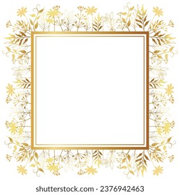 Elegant golden floral frame with hand drawn flowers and leaves border Luxury gold floral frame