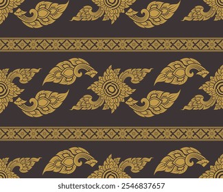 Elegant golden floral pattern on black background, featuring intricate designs and motifs. This decorative textile showcases traditional artistry and craftsmanship.