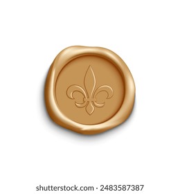 Elegant golden floral wax seal with fleur-de-lis emblem isolated on white background, 3d realistic vector design mockup, antique royal stamp for letters and documents.