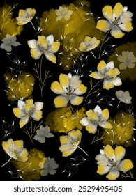 Elegant golden flowers seamless pattern on black background for wedding, birthday, anniversary pattern