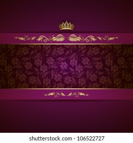 Elegant golden frame banner with crown on the ornate purple background. EPS 10.