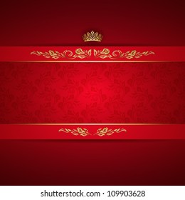 Elegant golden frame banner with crown on the ornate red background. EPS 10.