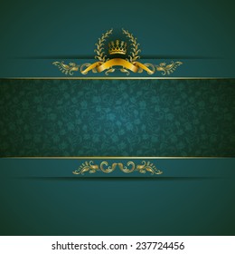 Elegant golden frame banner with gold crown, laurel wreath on ornate blue background. Luxury floral background in vintage style. Vector illustration EPS 10.