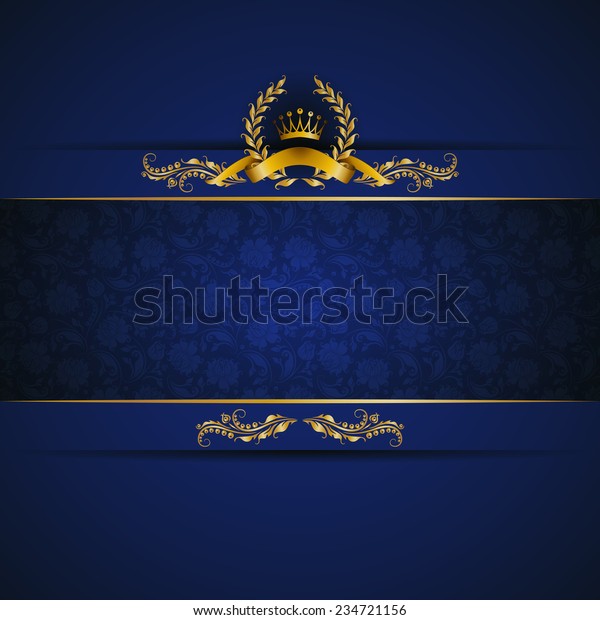 美しい金色の枠のバナーと金色の冠 華やかな青の背景に月桂冠 ビンテージスタイルの高級花柄の背景 ベクターイラストeps10 のベクター画像素材 ロイヤリティフリー
