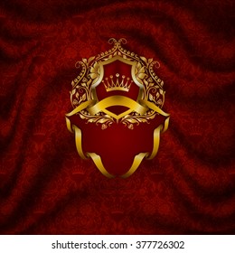 Elegant golden frame with floral elements, filigree ornament, gold crown, shield, ribbons, place for text on red drapery fabric. Luxury ornate background in vintage style. Vector illustration EPS 10.
