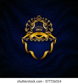 Elegant golden frame with floral elements, filigree ornament, gold crown, shield, ribbons, place for text on blue drapery fabric. Luxury ornate background in vintage style. Vector illustration EPS 10.