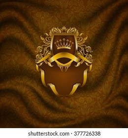 Elegant golden frame with floral elements, filigree ornament, gold crown, shield, ribbons, place for text on brown drapery fabric. Luxury ornate background in vintage style. Vector illustration EPS 10