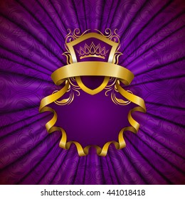 Elegant golden frame with floral elements, filigree ornament, gold crown, shield, ribbons, place for text on purple drapery fabric. Luxury ornate background in vintage style. Vector illustration EPS10