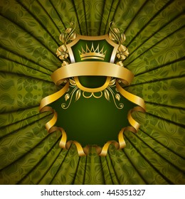 Elegant golden frame with floral elements, filigree ornament, gold crown, shield, ribbons, place for text on green drapery fabric. Luxury ornate background in vintage style. Vector illustration EPS 10