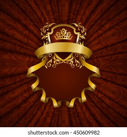 Elegant golden frame with floral elements, filigree ornament, gold crown, shield, ribbons, place for text on orange drapery fabric. Luxury ornate background in vintage style. Vector illustration EPS10