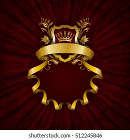 Quadro dourado elegante com elementos florais, ornamento filigrana, coroa de ouro, escudo, fitas, lugar para texto em tecido de drapery vermelho. Fundo ornamentado de luxo em estilo vintage. Ilustração vetorial EPS 10