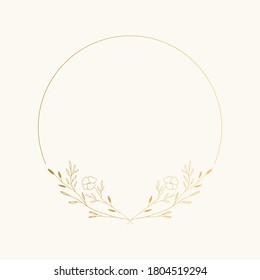 Elegant golden frame with hand drawn flowers and leaves. Vector isolated illustration.