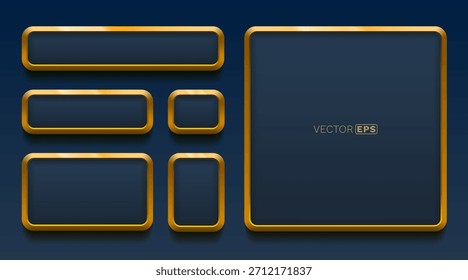 Elegant golden frames and buttons with a metallic effect on a dark blue background, perfect for modern UI design. Vector illustration.