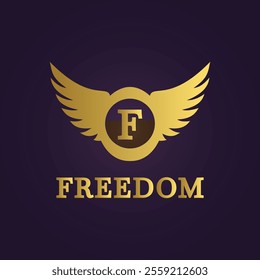 Elegant golden Freedom logo with central F emblem and wings on dark purple background conveying empowerment