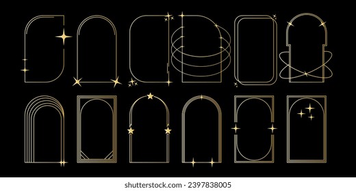 Elegant Golden Geometric Frames with Celestial Elements on a Dark Background. Luxury gold borders for for wedding invitation. Thin line oval and rectangle. Vector illustration