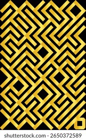 Elegant golden geometric pattern on a dark background, displaying intricate maze-like designs that evoke sophistication and luxury. Perfect for backgrounds, wallpapers.