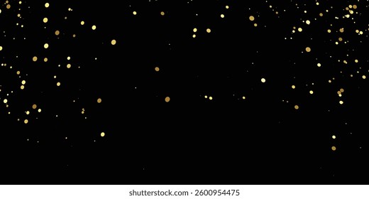 Elegant Golden Glitter Confetti Falling Against a Dark Black Background: A Glamorous and Sparkling Visual for New Year’s Eve Celebration and Brochure Template"
