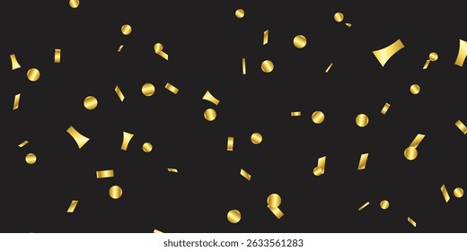 Elegant golden glitter confetti stream raining down with festive sparkle on black background for overlay. Realistic golden celebration confetti falling vertically