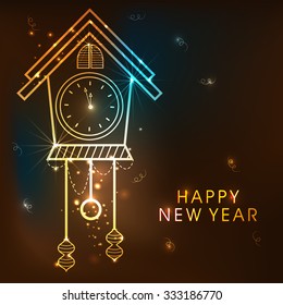 Elegant golden glossy clock showing almost Twelve O' Clock on shiny brown background for Happy New Year celebration.