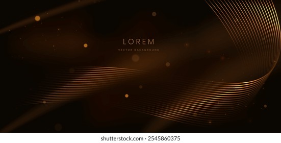 Elegant golden glowing wave lines with lighting effect sparkle on black background. Template premium award design. Vector illustration