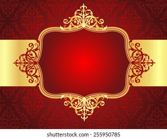 Elegant golden / gold ornamental / retro frame on red seamless damask pattern background with a shiny gold ribbon. perfect for wedding and party invitations