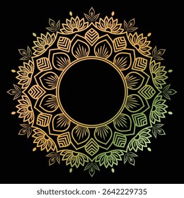 Elegant golden gradient mandala frame with floral and geometric details on a black background. Perfect for invitations, decor, logos, and meditation-themed designs.