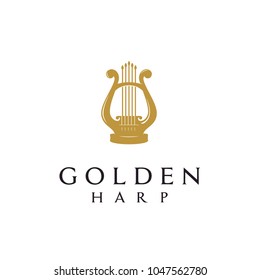 Elegant Golden Greek Harp, Lyre Classic Luxury Gold music instrument Logo design 