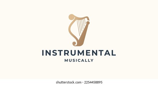 Elegant Golden Greek Harp, Lyre Classic Luxury Gold music instrument Logo design template.