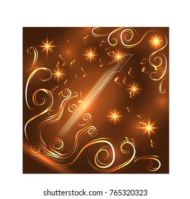 Elegant golden guitar outline, glowing on a dark background, neon effect, music, notes