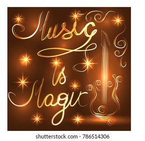 Elegant golden guitar outline, glowing on a dark background, neon effect, music, notes