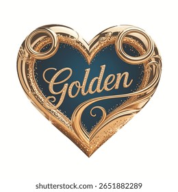 Um elegante coração dourado adornado com detalhes intrincados e ornamentados. Este design apresenta um brilho metálico luxuoso, apresentado em um fundo transparente,
