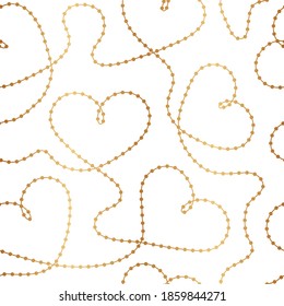 Elegant golden hearts continuous line. Outlined beads gold heart seamless pattern. Luxury lineart background for design wrapping paper, gift wrapper, wallpaper, prints, package, packaging. Vector