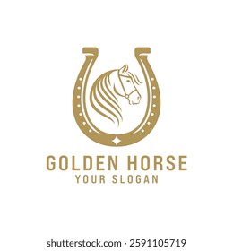 Elegant Golden Horse With Horseshoe Logo, Horseshoe Logo.