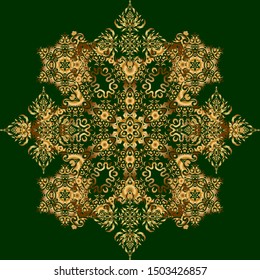 Elegant golden invitation card with vector floral decor of gold ornament and background. Vintage seamless pattern with gold gradient.