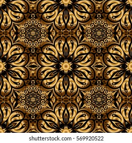 Elegant golden invitation card with vector floral decor of gold ornament and black background. Vintage seamless pattern with gold gradient.