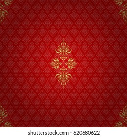 Elegant golden invitation card with vector floral decor of gold ornament and red background. Vintage seamless pattern with gold gradient.